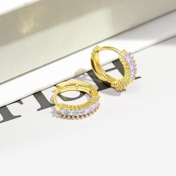 14K Yellow Gold with Purple Amethyst Cubic Zirconia Princess Cut Huggie Earrings - Picture 3 of 6